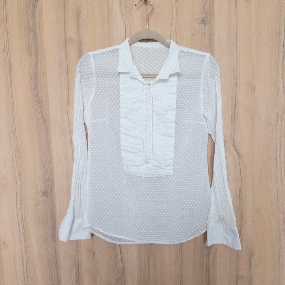 J.Crew Women Tuxedo Bib Button Down Shirt S White Swiss Dot Pleated Sheer Preppy
